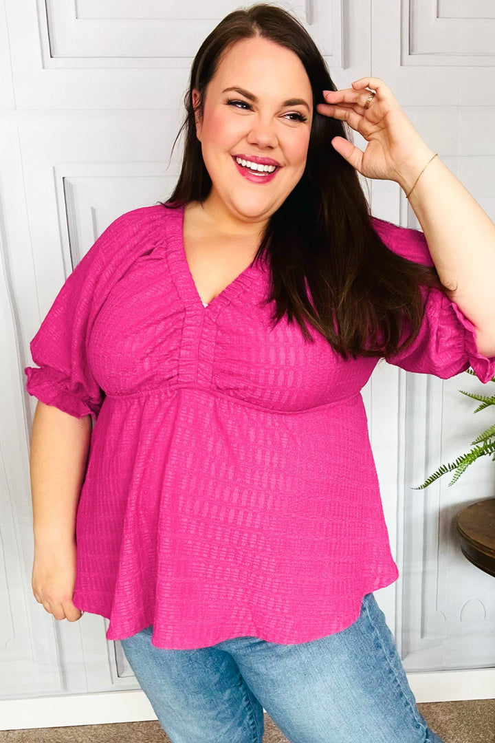 Feeling Strong Fuchsia Textured V Neck Babydoll Tops | Nikki &amp; Co. Boutique