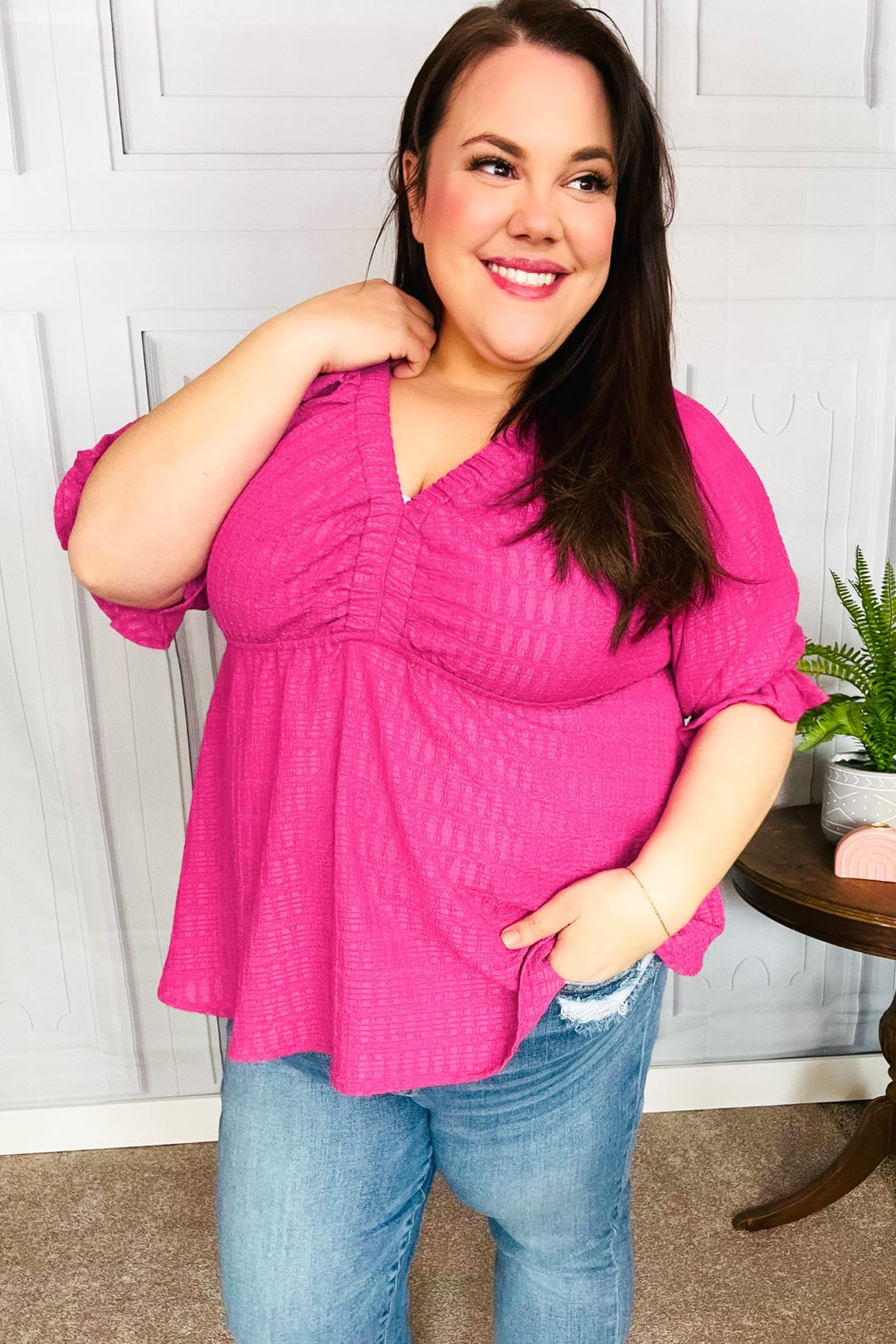 Feeling Strong Fuchsia Textured V Neck Babydoll Tops | Nikki &amp; Co. Boutique