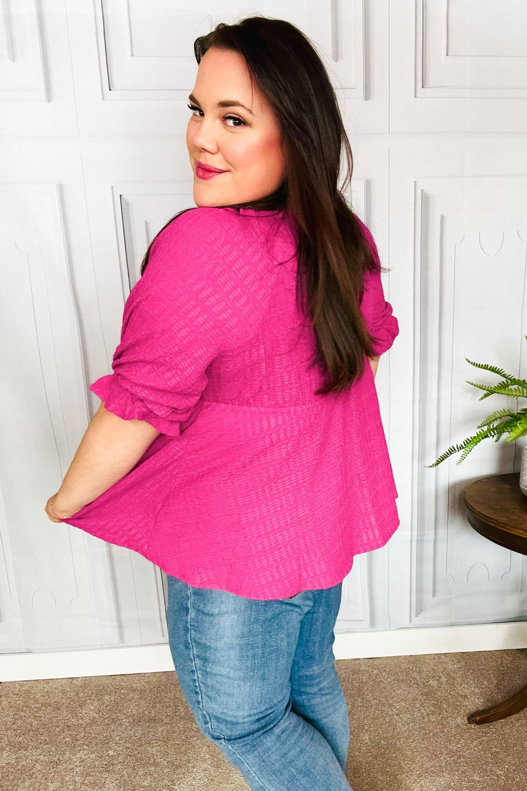 Feeling Strong Fuchsia Textured V Neck Babydoll Tops | Nikki &amp; Co. Boutique