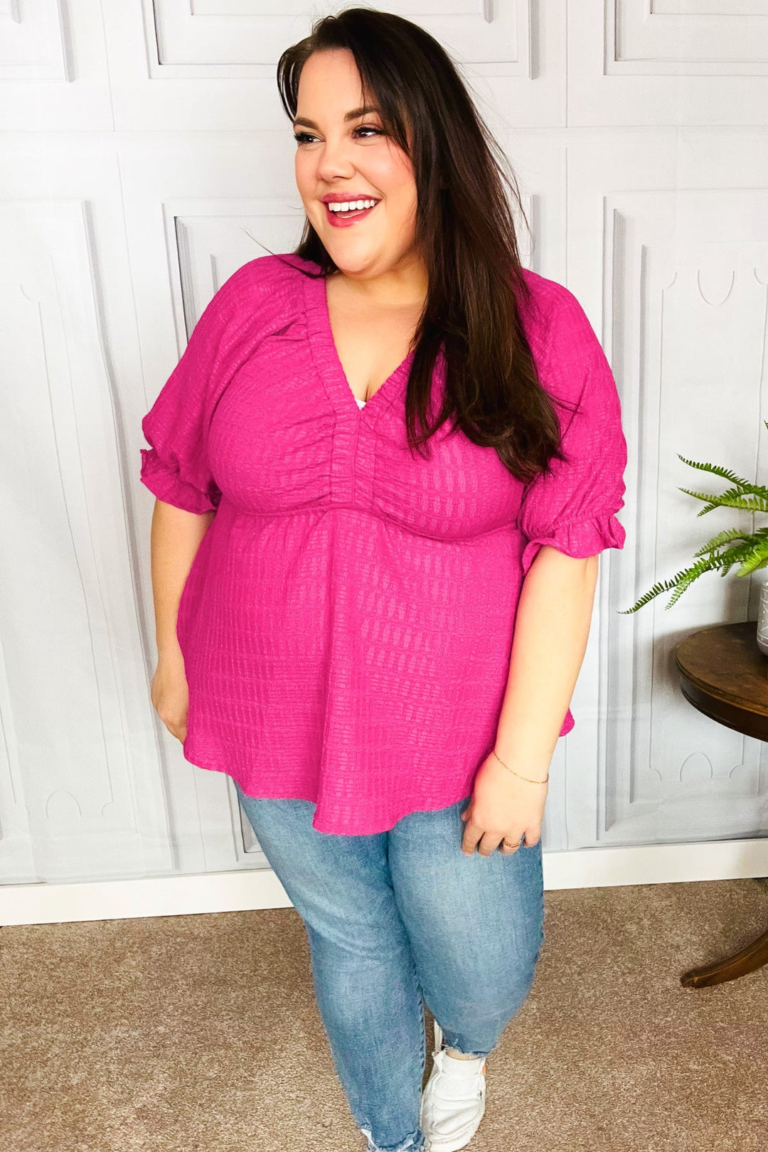 Feeling Strong Fuchsia Textured V Neck Babydoll Tops | Nikki &amp; Co. Boutique