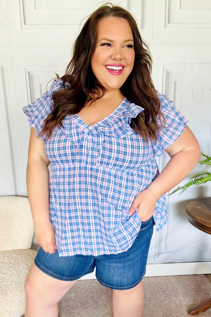 Hello Beautiful Blue Plaid V Neck Ruffle Elastic Babydoll Top | Nikki &amp; Co. Boutique