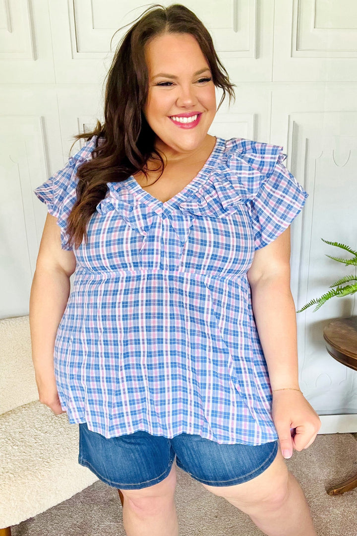 Hello Beautiful Blue Plaid V Neck Ruffle Elastic Babydoll Top | Nikki &amp; Co. Boutique