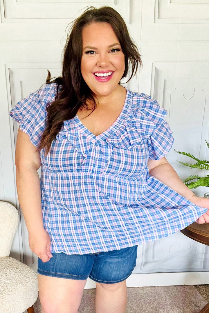 Hello Beautiful Blue Plaid V Neck Ruffle Elastic Babydoll Top | Nikki &amp; Co. Boutique