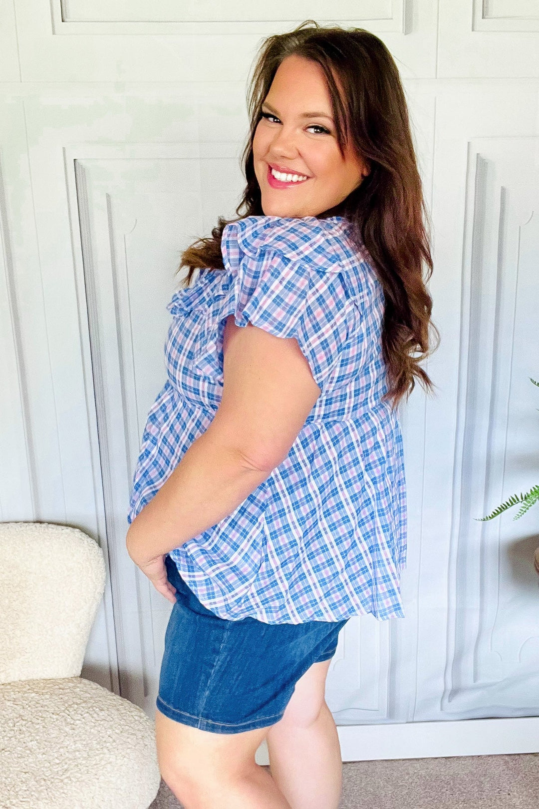 Hello Beautiful Blue Plaid V Neck Ruffle Elastic Babydoll Top | Nikki &amp; Co. Boutique