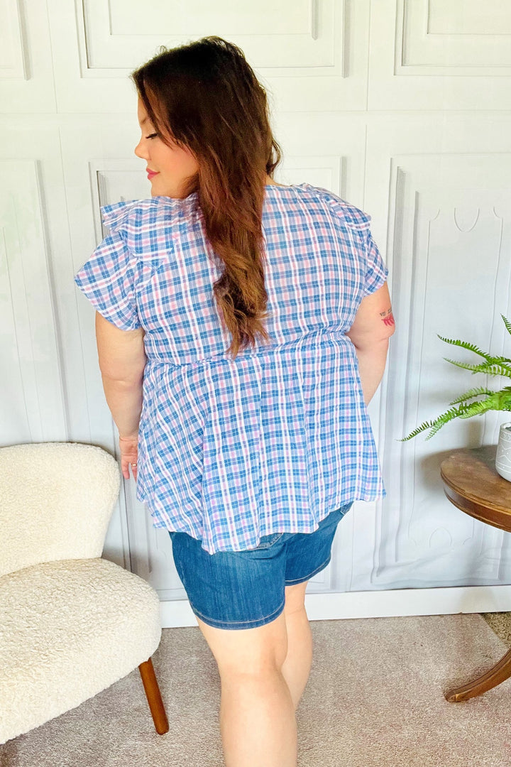 Hello Beautiful Blue Plaid V Neck Ruffle Elastic Babydoll Top | Nikki &amp; Co. Boutique