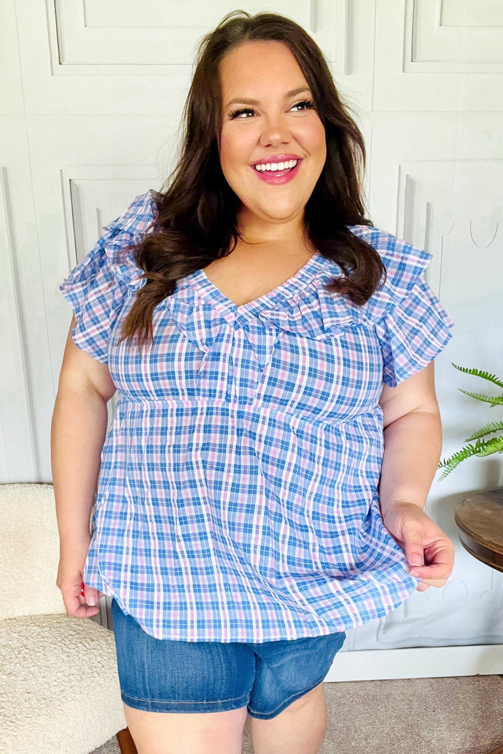 Hello Beautiful Blue Plaid V Neck Ruffle Elastic Babydoll Top | Nikki &amp; Co. Boutique