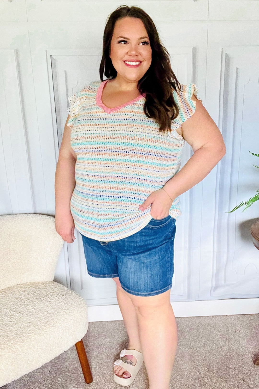 Sunny Days Coral Two Tone Striped Textured Knit V Neck Top | Nikki &amp; Co. Boutique