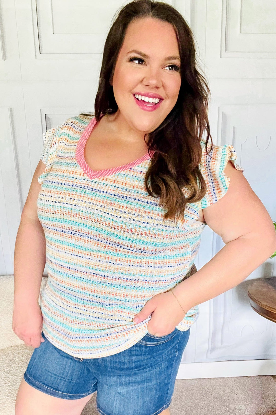 Sunny Days Coral Two Tone Striped Textured Knit V Neck Top | Nikki &amp; Co. Boutique