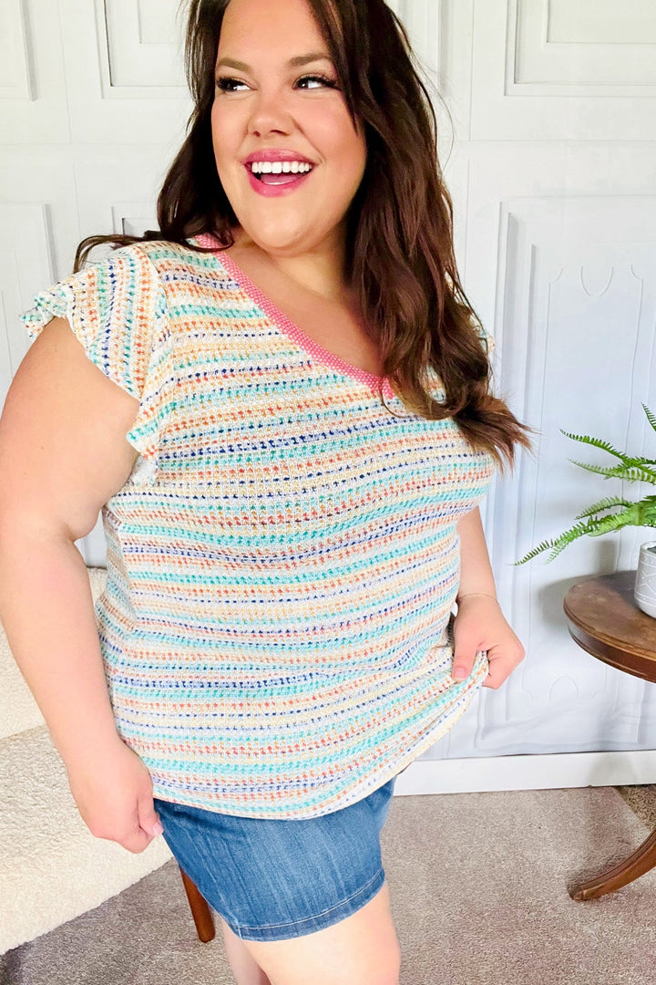 Sunny Days Coral Two Tone Striped Textured Knit V Neck Top | Nikki &amp; Co. Boutique