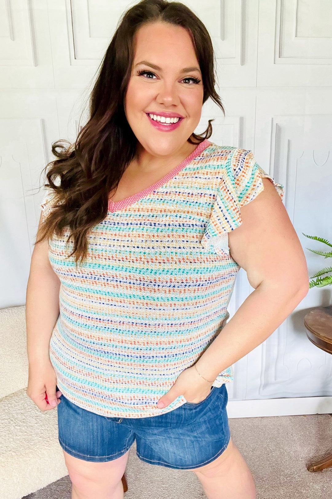 Sunny Days Coral Two Tone Striped Textured Knit V Neck Top | Nikki &amp; Co. Boutique