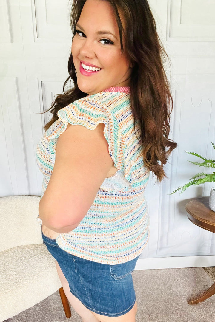 Sunny Days Coral Two Tone Striped Textured Knit V Neck Top | Nikki &amp; Co. Boutique