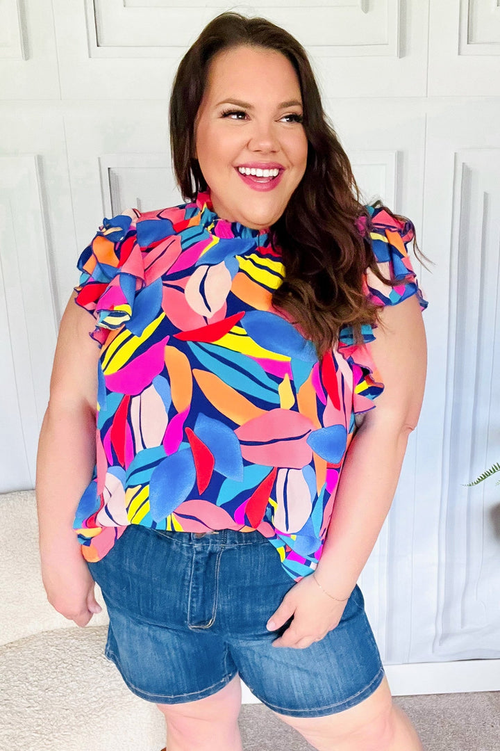 Tropical Vibes Blue &amp; Pink Mock Neck Flutter Sleeve Tops | Nikki &amp; Co. Boutique