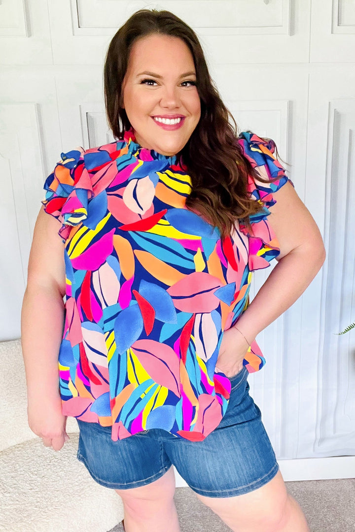 Tropical Vibes Blue &amp; Pink Mock Neck Flutter Sleeve Tops | Nikki &amp; Co. Boutique