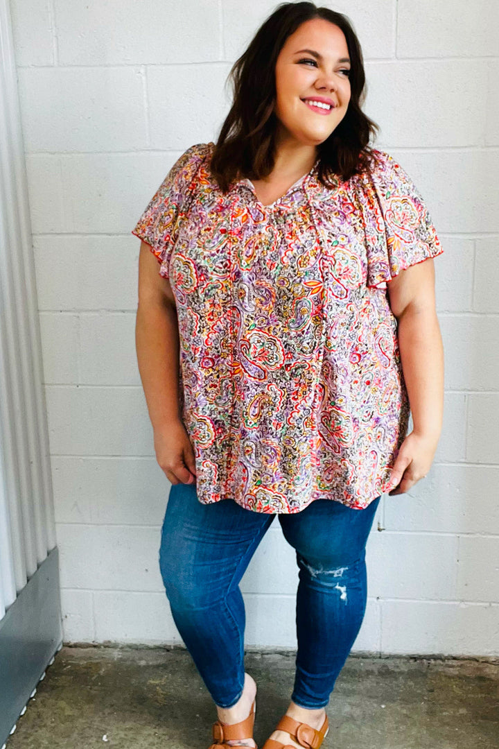 Plum Multicolor Boho Paisley Tie Neck Dolman Tops | Nikki &amp; Co. Boutique