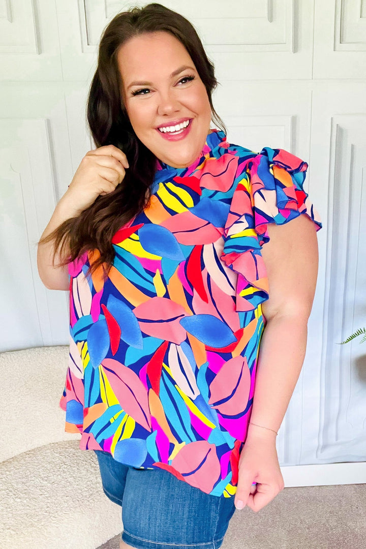 Tropical Vibes Blue &amp; Pink Mock Neck Flutter Sleeve Tops | Nikki &amp; Co. Boutique