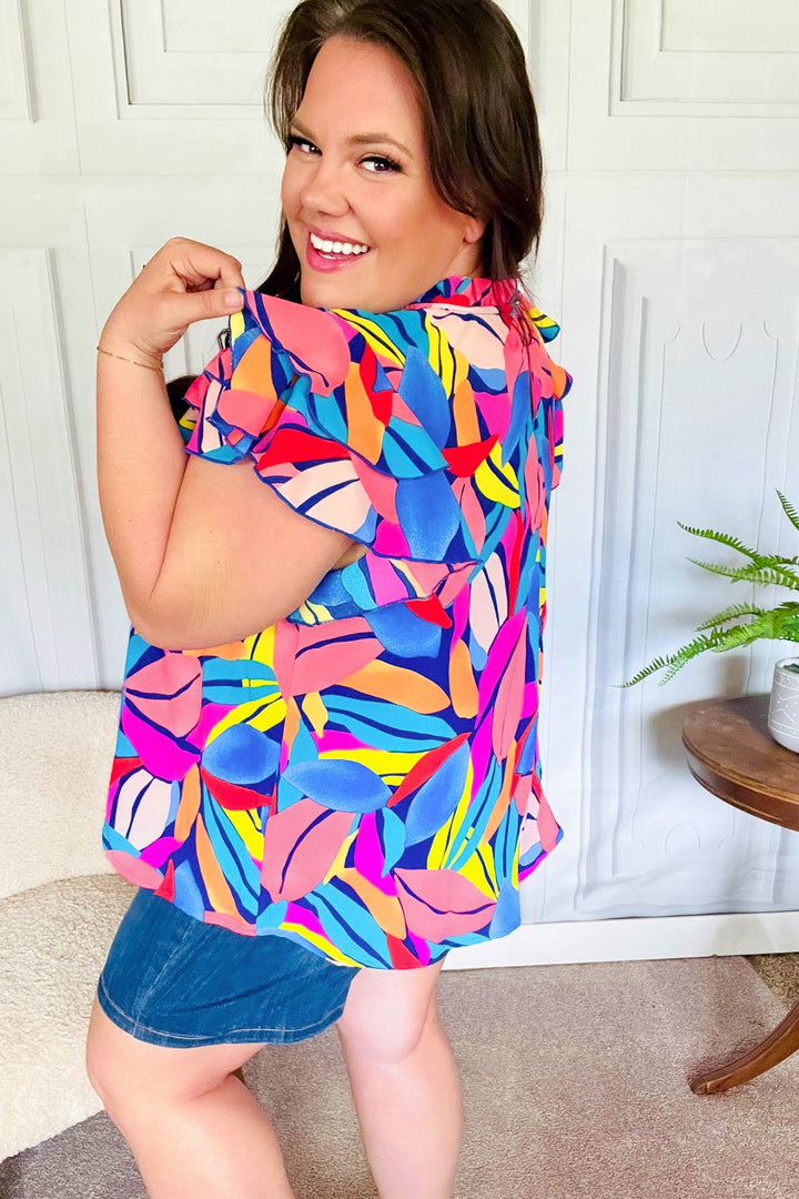 Tropical Vibes Blue &amp; Pink Mock Neck Flutter Sleeve Tops | Nikki &amp; Co. Boutique