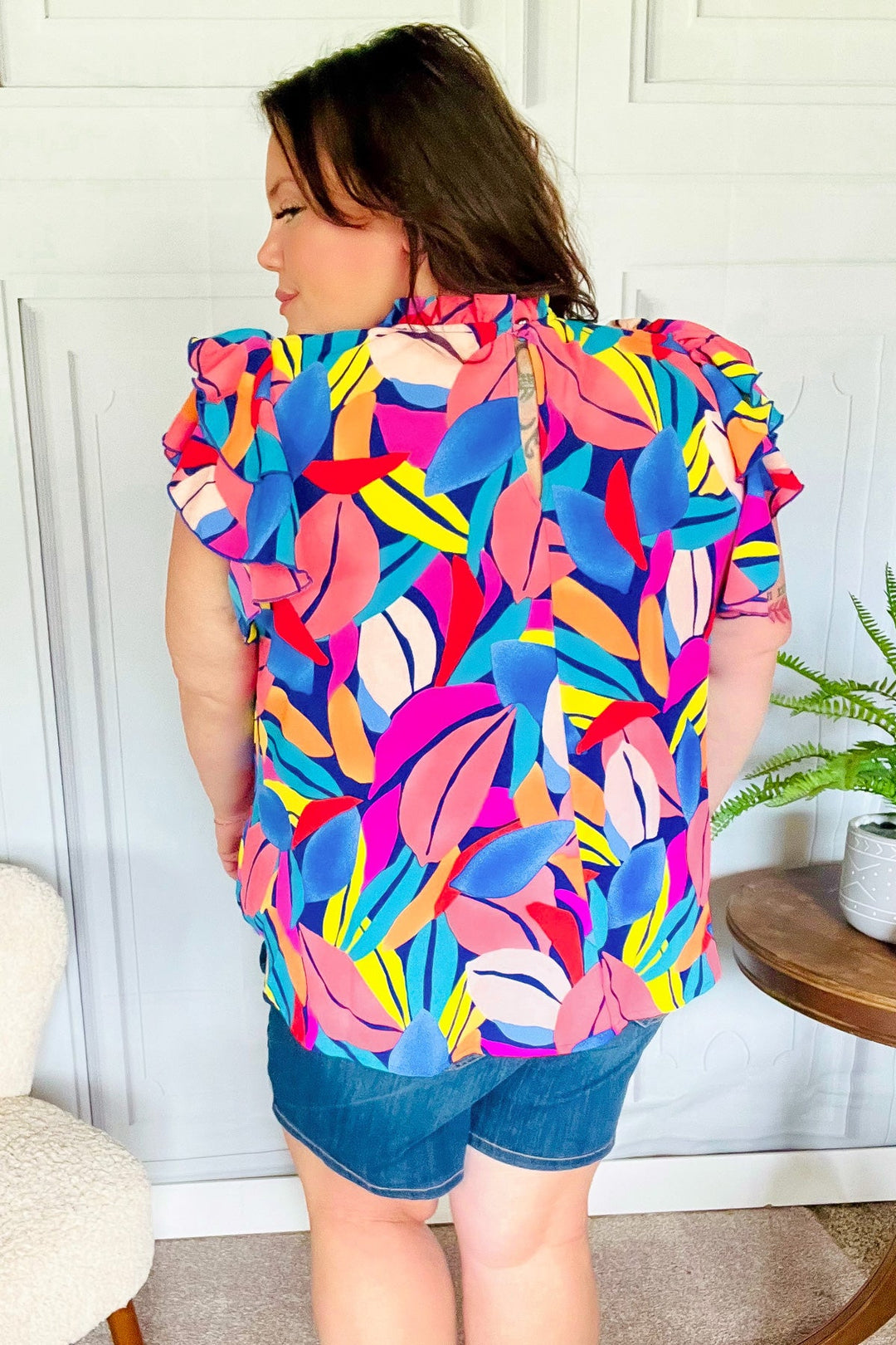 Tropical Vibes Blue &amp; Pink Mock Neck Flutter Sleeve Tops | Nikki &amp; Co. Boutique