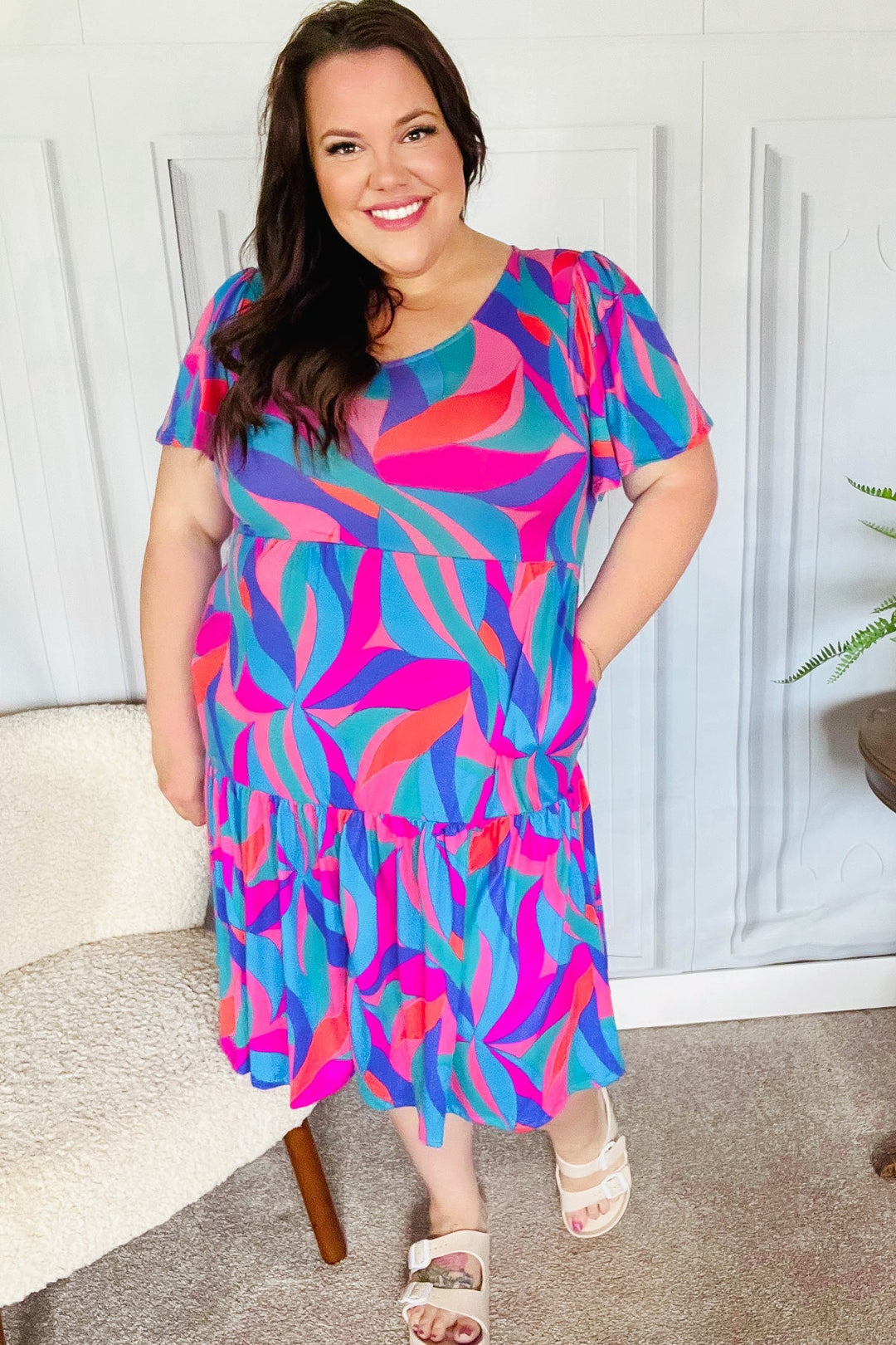 Remember Me Blue &amp; Fuchsia Geo Print V Neck Dress | Nikki &amp; Co. Boutique