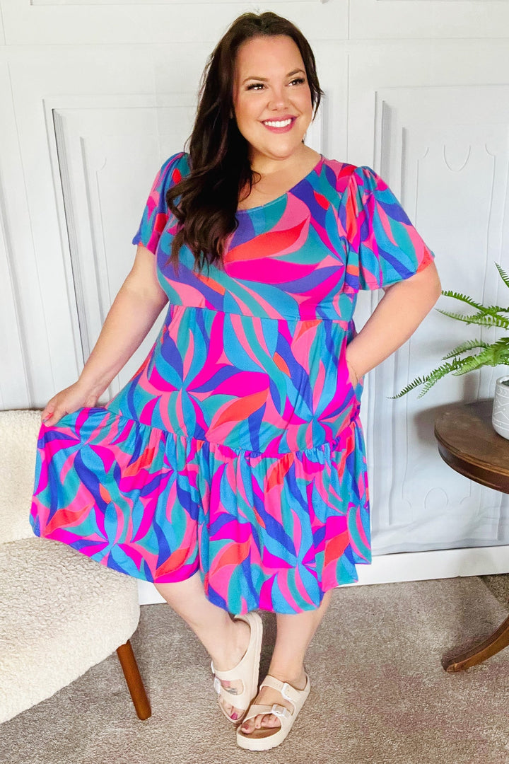 Remember Me Blue &amp; Fuchsia Geo Print V Neck Dress | Nikki &amp; Co. Boutique