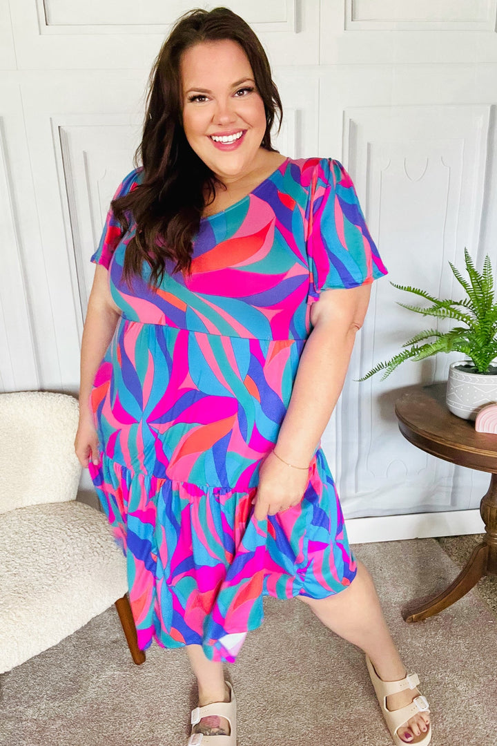 Remember Me Blue &amp; Fuchsia Geo Print V Neck Dress | Nikki &amp; Co. Boutique