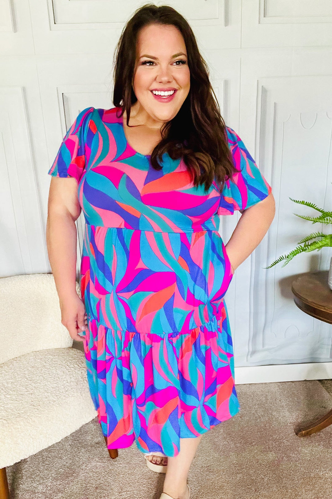 Remember Me Blue &amp; Fuchsia Geo Print V Neck Dress | Nikki &amp; Co. Boutique