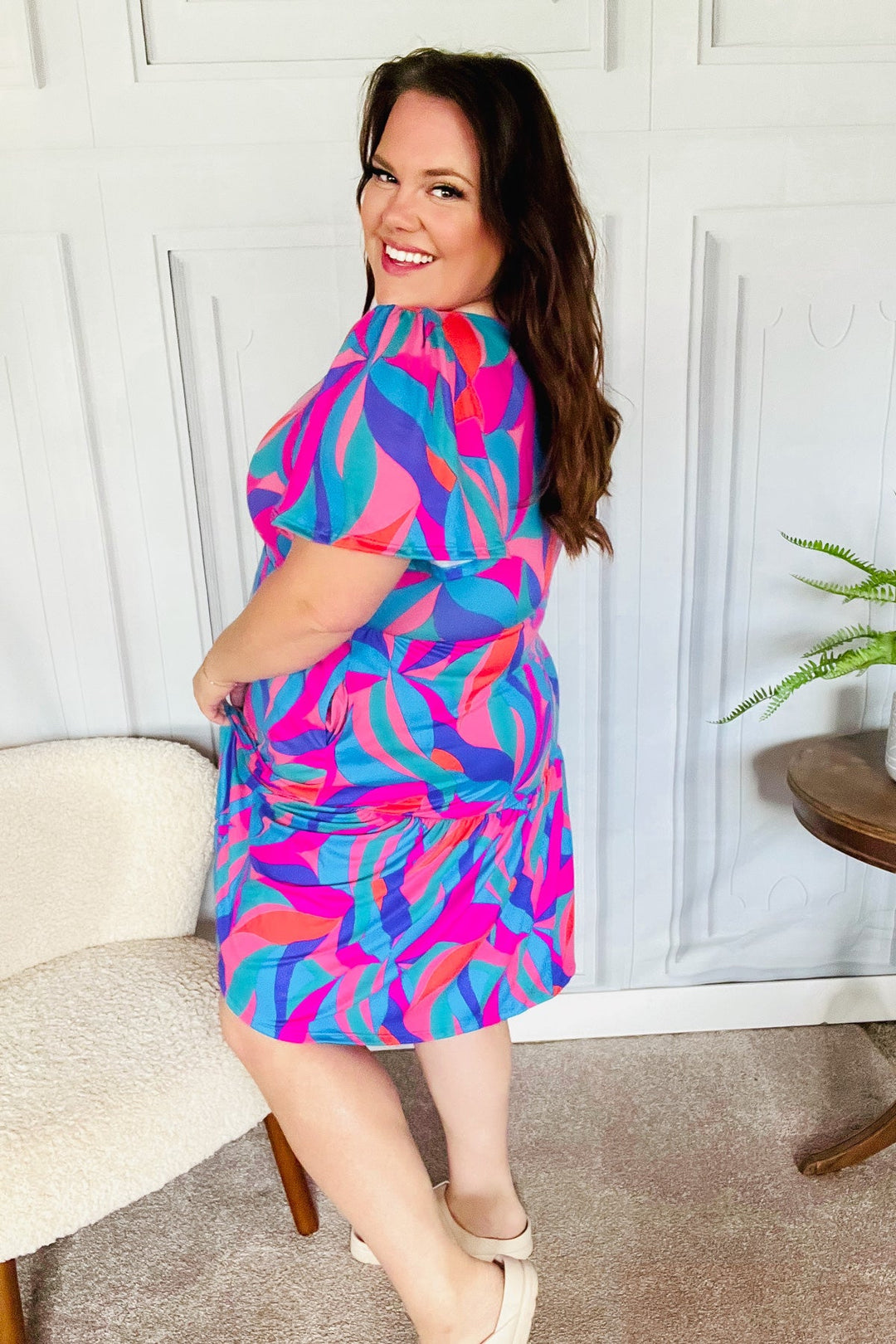 Remember Me Blue &amp; Fuchsia Geo Print V Neck Dress | Nikki &amp; Co. Boutique