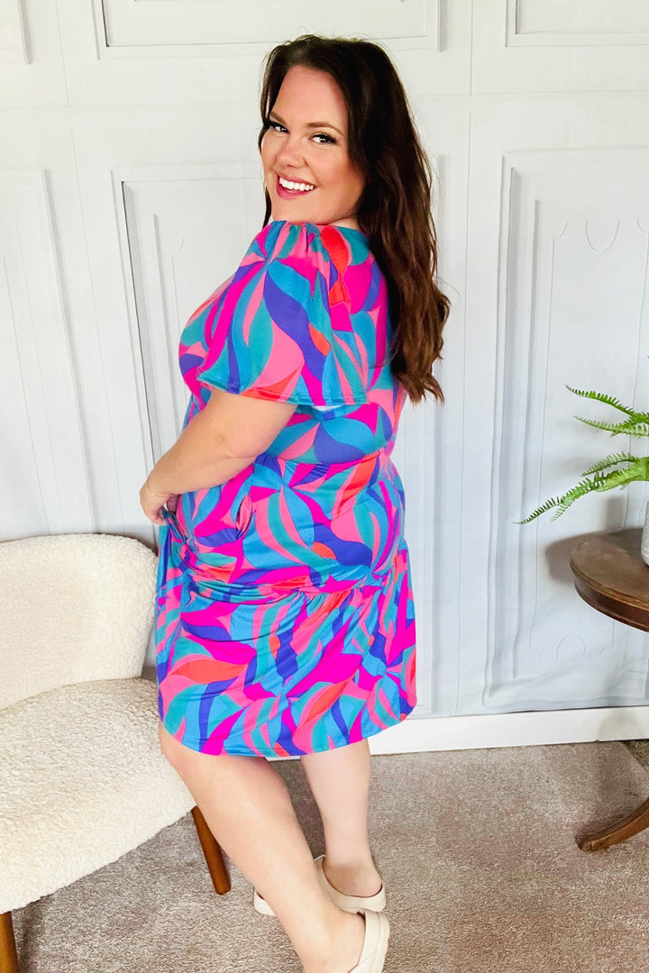 Remember Me Blue &amp; Fuchsia Geo Print V Neck Dress | Nikki &amp; Co. Boutique