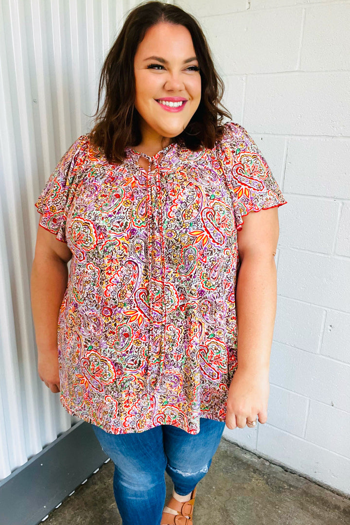 Plum Multicolor Boho Paisley Tie Neck Dolman Tops | Nikki &amp; Co. Boutique