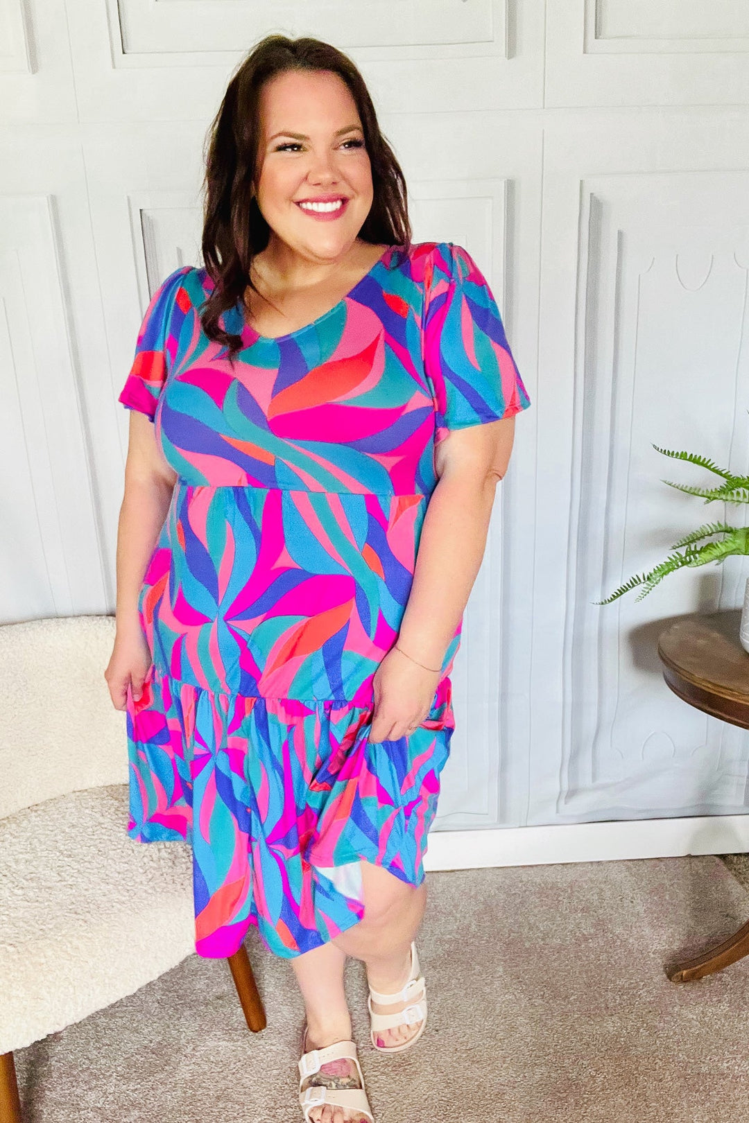 Remember Me Blue &amp; Fuchsia Geo Print V Neck Dress | Nikki &amp; Co. Boutique