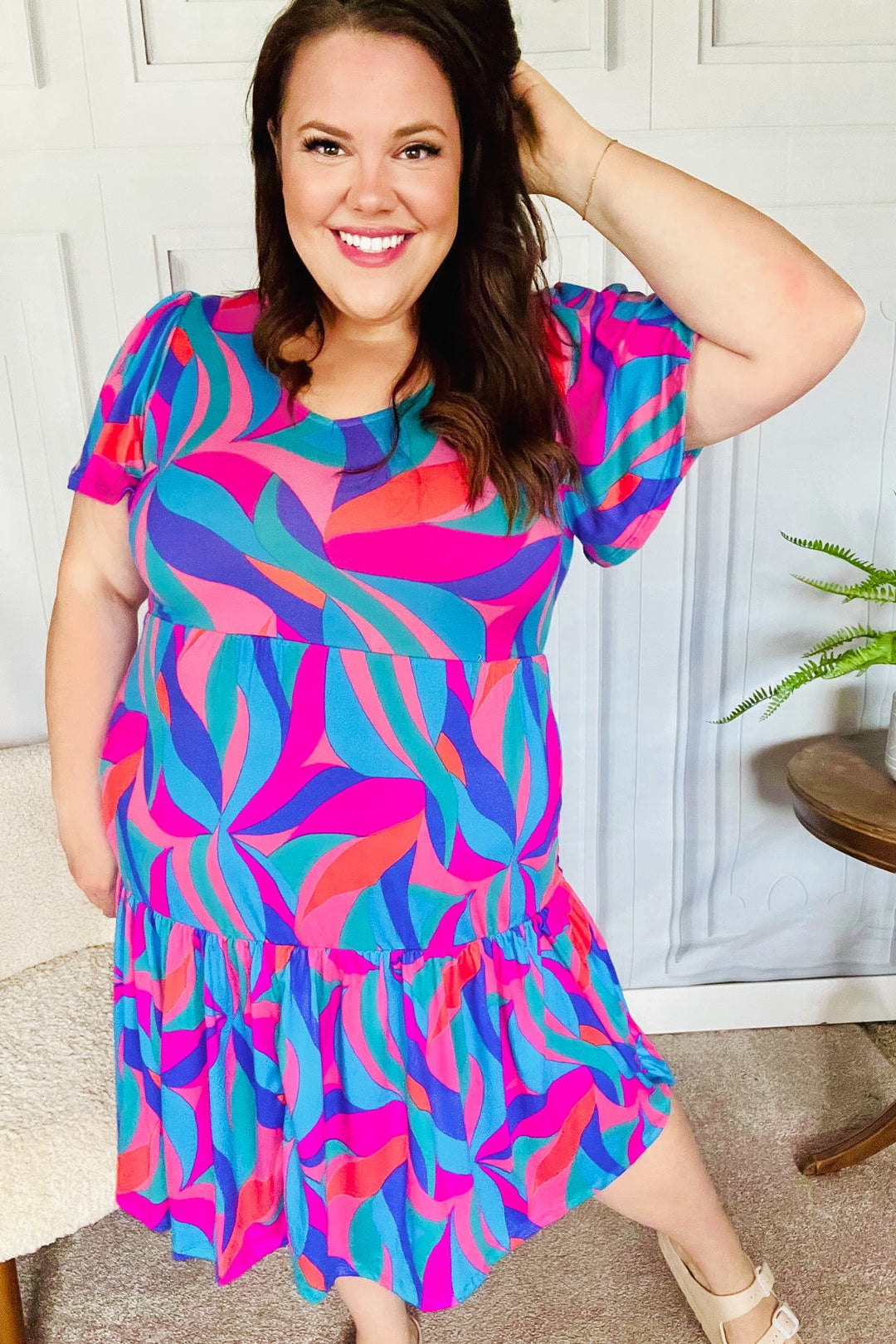 Remember Me Blue &amp; Fuchsia Geo Print V Neck Dress | Nikki &amp; Co. Boutique