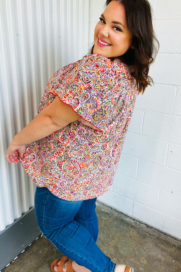 Plum Multicolor Boho Paisley Tie Neck Dolman Tops | Nikki &amp; Co. Boutique