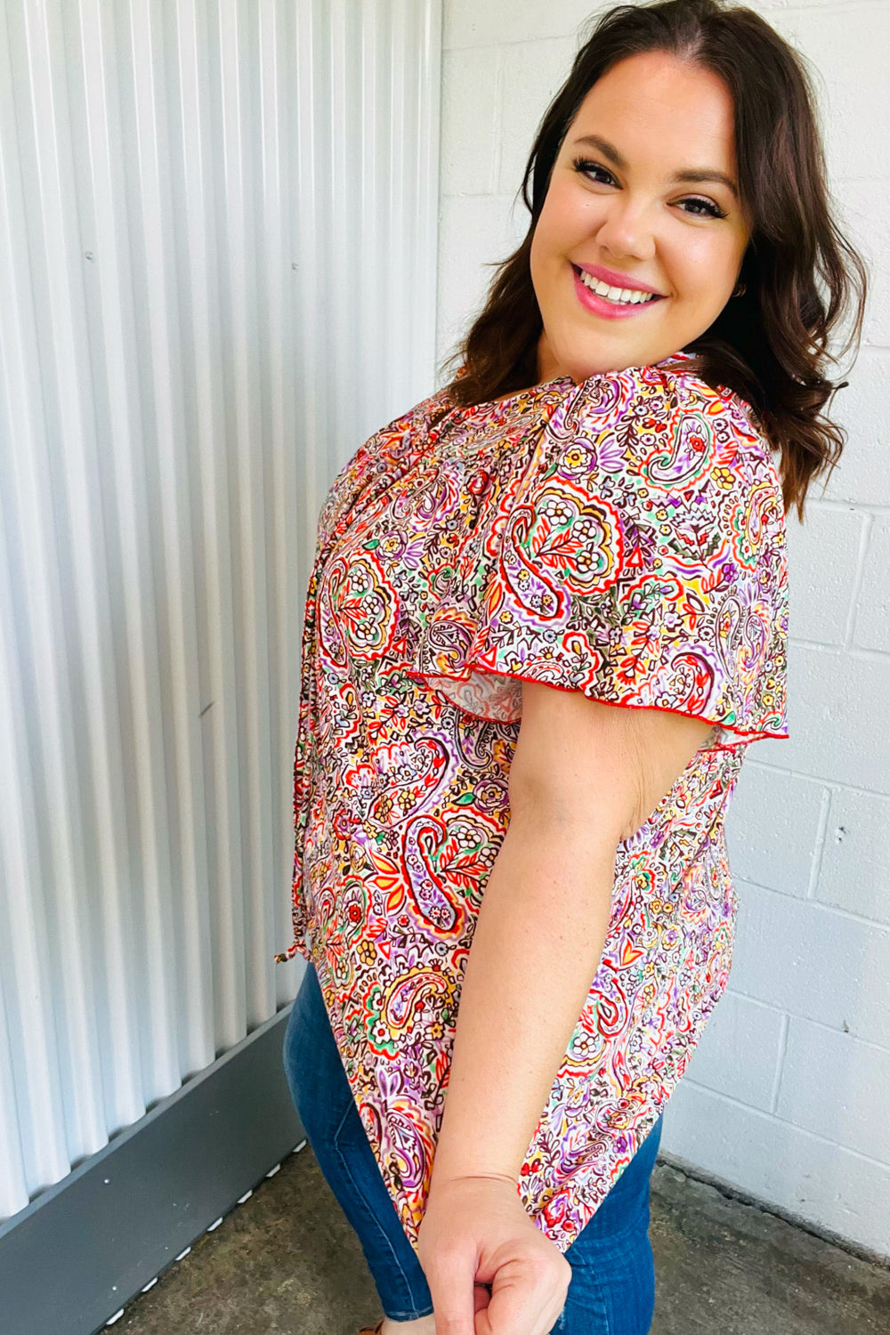 Plum Multicolor Boho Paisley Tie Neck Dolman Tops | Nikki &amp; Co. Boutique