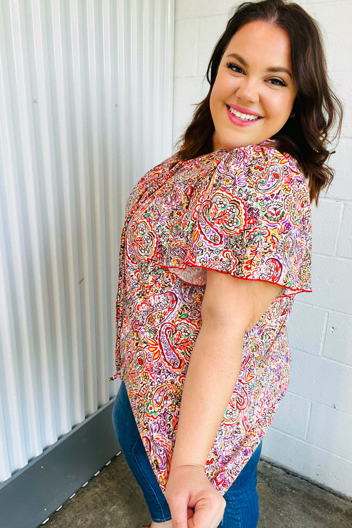 Plum Multicolor Boho Paisley Tie Neck Dolman Tops | Nikki &amp; Co. Boutique