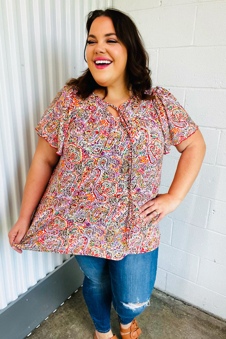 Plum Multicolor Boho Paisley Tie Neck Dolman Tops | Nikki &amp; Co. Boutique