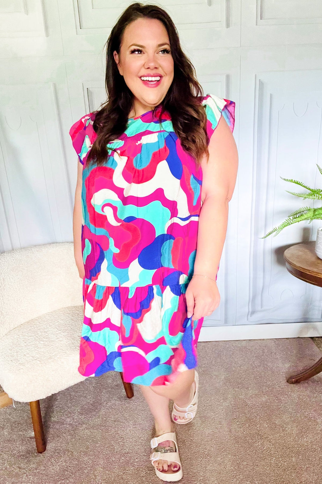 Go For Fun Fuchsia Geo Print Tiered Ruffle Sleeve Woven Dress - Nikki &amp; Co. Boutique