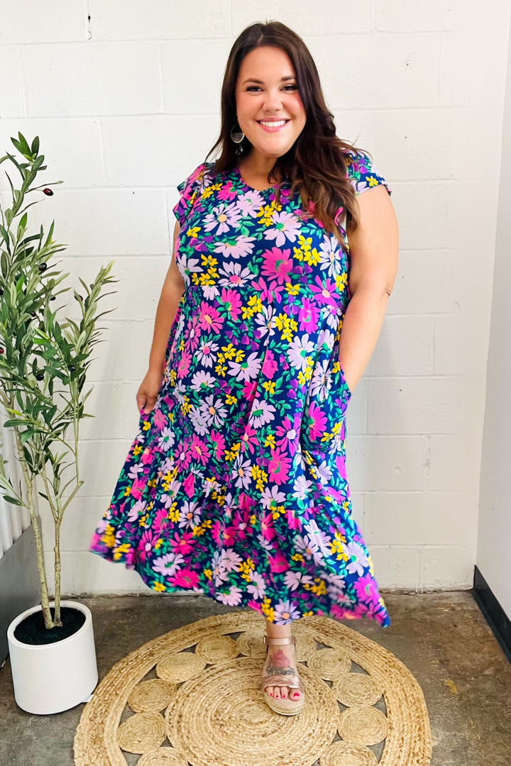 Diva Dreams Navy &amp; Lilac Floral Fit &amp; Flare Midi Dress | Nikki &amp; Co. Boutique