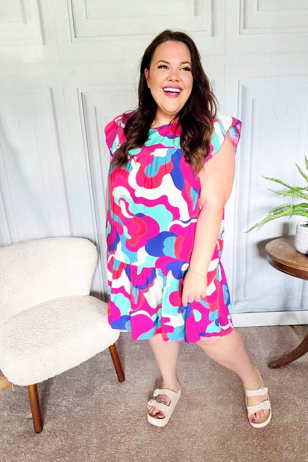 Go For Fun Fuchsia Geo Print Tiered Ruffle Sleeve Woven Dress - Nikki &amp; Co. Boutique