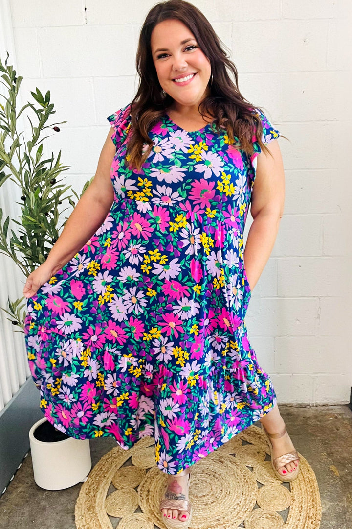 Diva Dreams Navy &amp; Lilac Floral Fit &amp; Flare Midi Dress | Nikki &amp; Co. Boutique