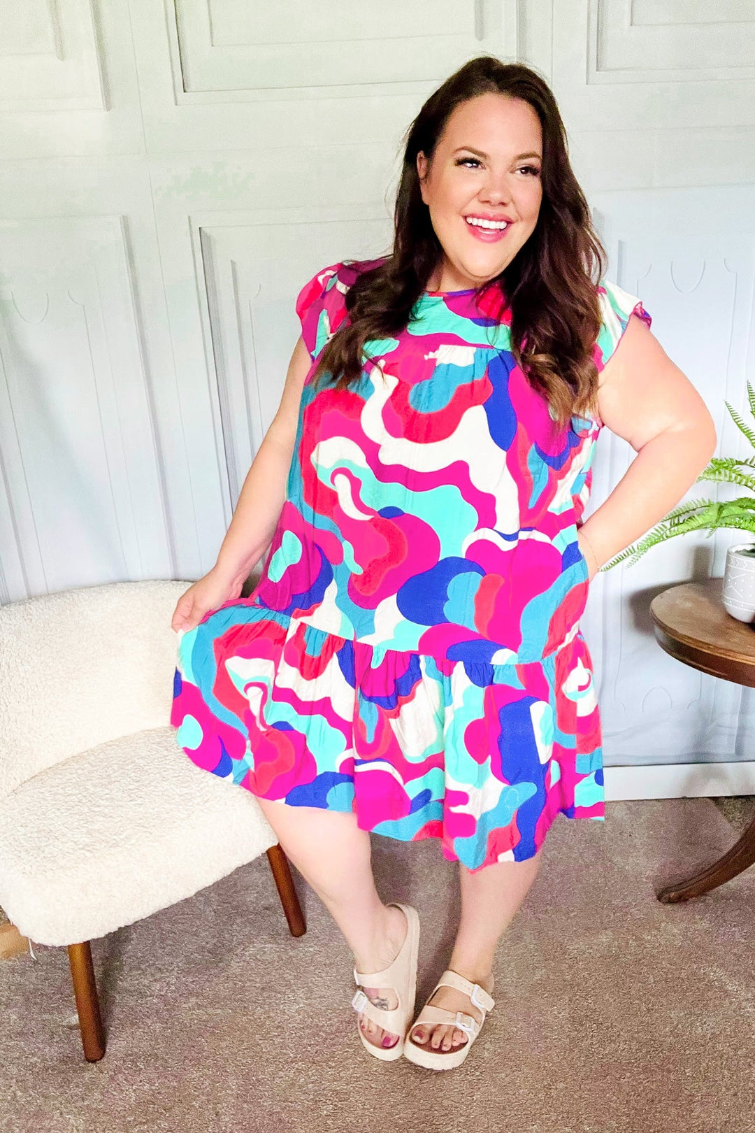 Go For Fun Fuchsia Geo Print Tiered Ruffle Sleeve Woven Dress - Nikki &amp; Co. Boutique