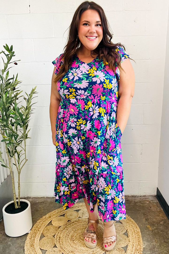 Diva Dreams Navy &amp; Lilac Floral Fit &amp; Flare Midi Dress | Nikki &amp; Co. Boutique