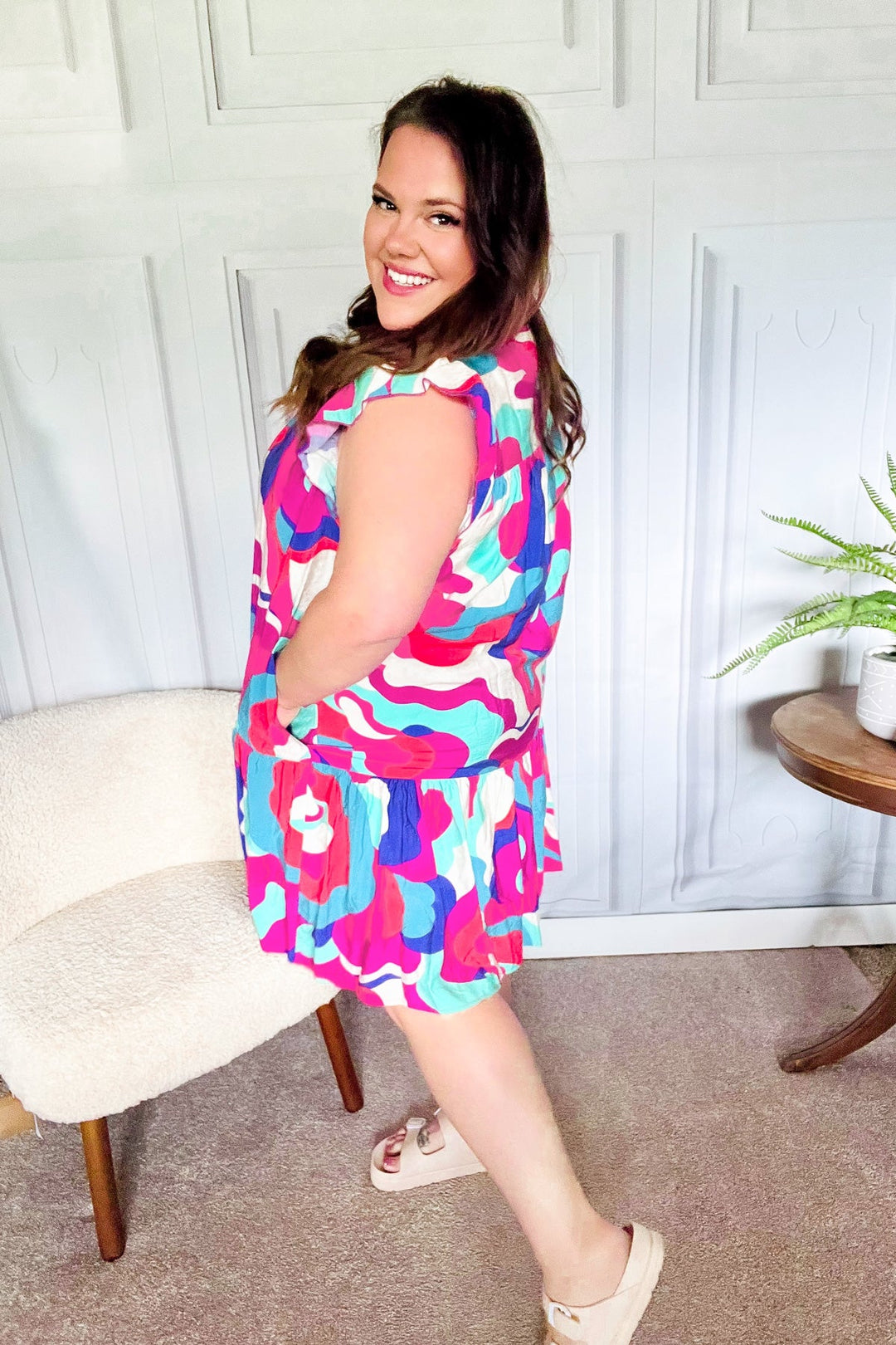 Go For Fun Fuchsia Geo Print Tiered Ruffle Sleeve Woven Dress - Nikki &amp; Co. Boutique
