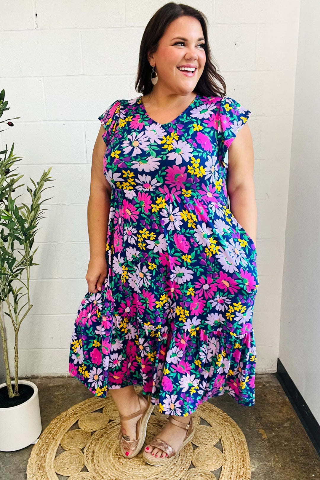 Diva Dreams Navy &amp; Lilac Floral Fit &amp; Flare Midi Dress | Nikki &amp; Co. Boutique