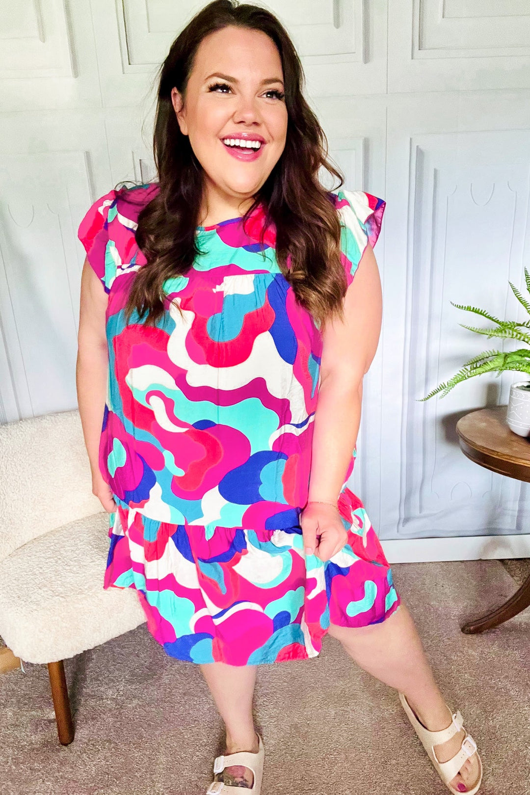 Go For Fun Fuchsia Geo Print Tiered Ruffle Sleeve Woven Dress - Nikki &amp; Co. Boutique