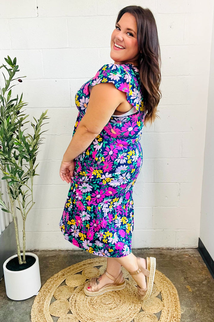 Diva Dreams Navy &amp; Lilac Floral Fit &amp; Flare Midi Dress | Nikki &amp; Co. Boutique