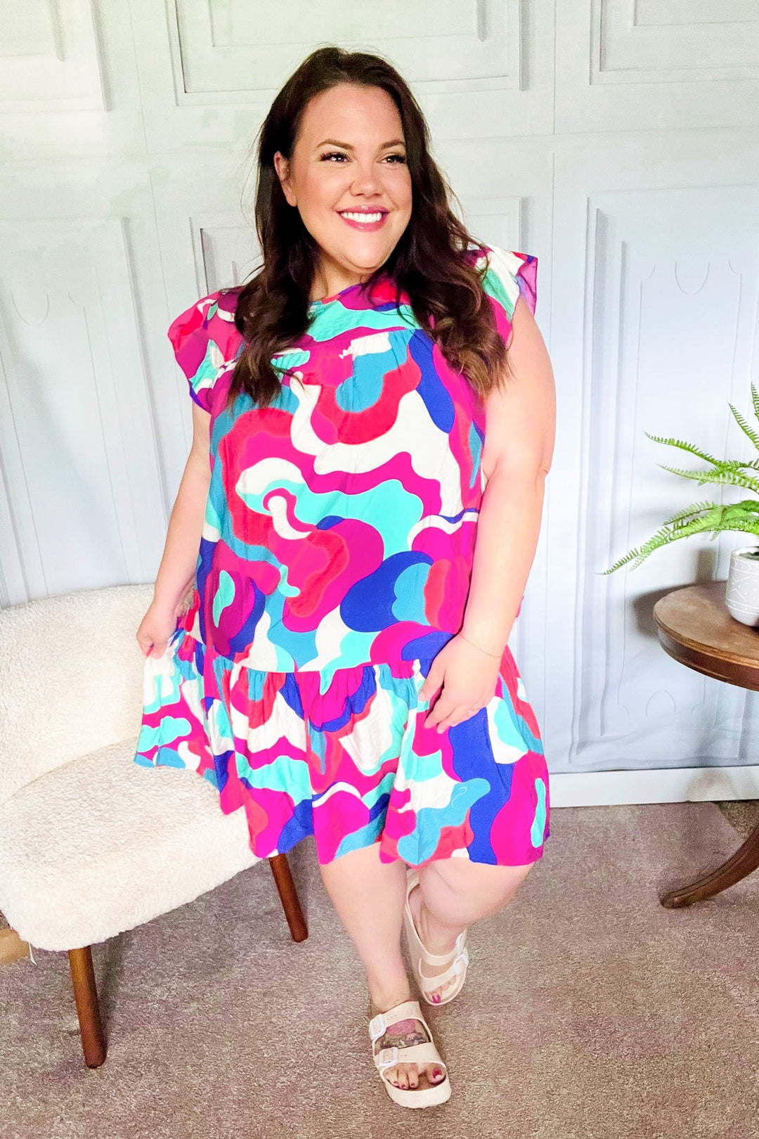 Go For Fun Fuchsia Geo Print Tiered Ruffle Sleeve Woven Dress - Nikki &amp; Co. Boutique