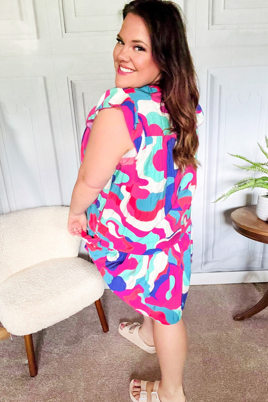 Go For Fun Fuchsia Geo Print Tiered Ruffle Sleeve Woven Dress - Nikki &amp; Co. Boutique