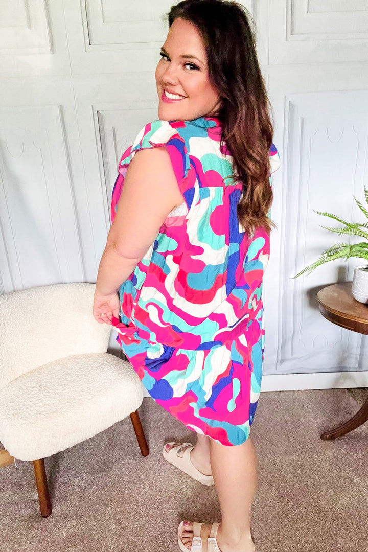 Go For Fun Fuchsia Geo Print Tiered Ruffle Sleeve Woven Dress - Nikki &amp; Co. Boutique