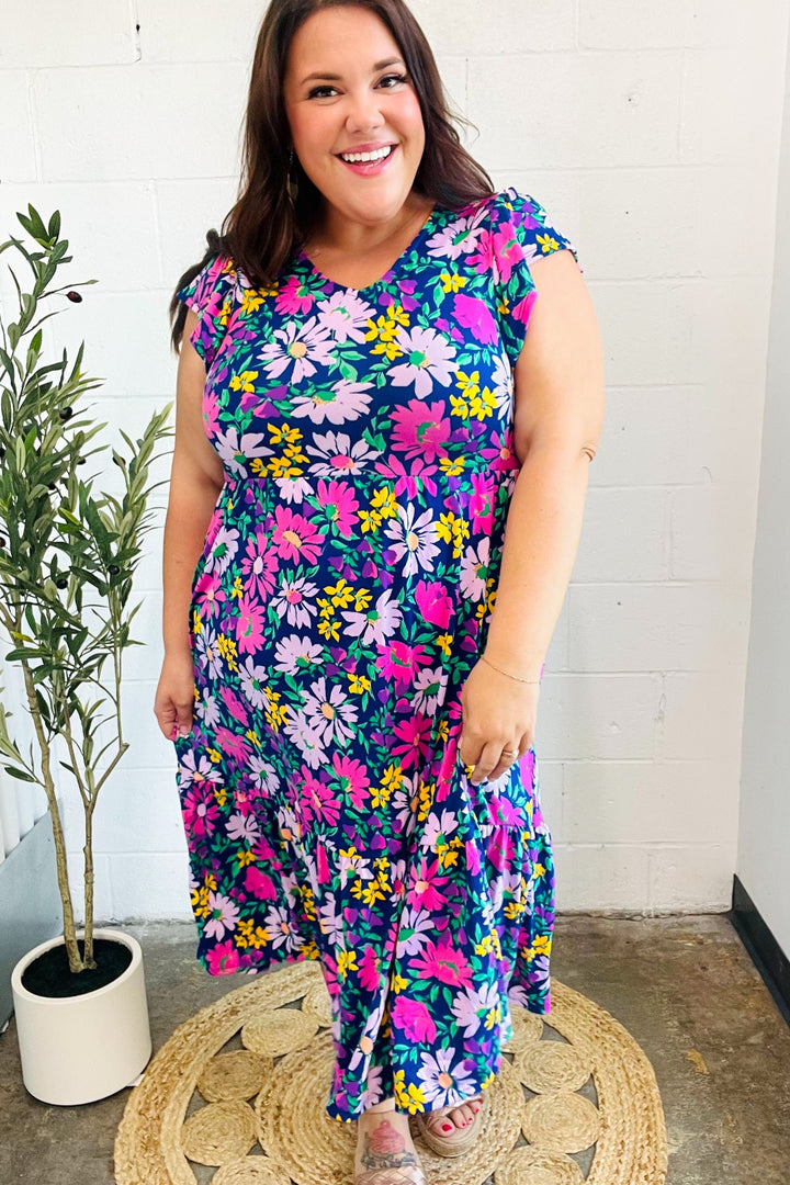 Diva Dreams Navy &amp; Lilac Floral Fit &amp; Flare Midi Dress | Nikki &amp; Co. Boutique