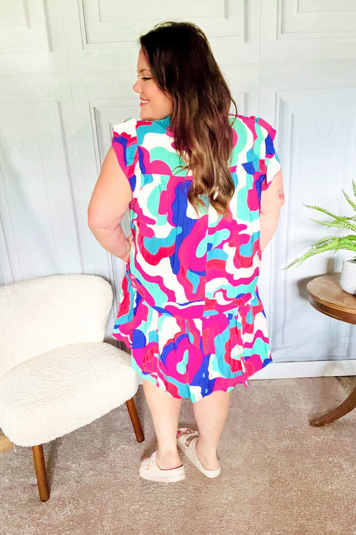 Go For Fun Fuchsia Geo Print Tiered Ruffle Sleeve Woven Dress - Nikki &amp; Co. Boutique