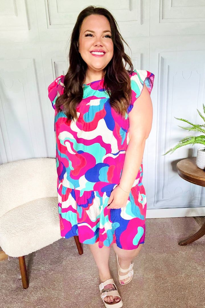 Go For Fun Fuchsia Geo Print Tiered Ruffle Sleeve Woven Dress - Nikki &amp; Co. Boutique